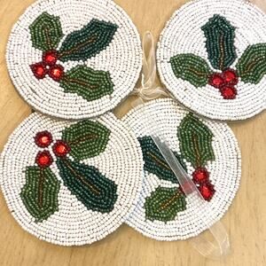 All Over Beaded Christmas Holly Berry Coasters Set of 4 Green Red White 4.5”